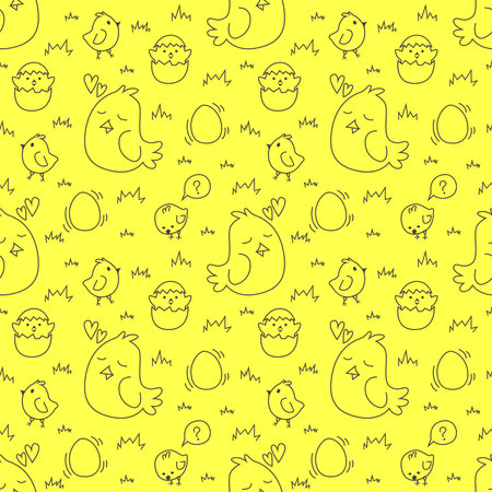 seamless pattern of chickens, collection of chickens, chicks and eggs on yellow background in outline styleのイラスト素材