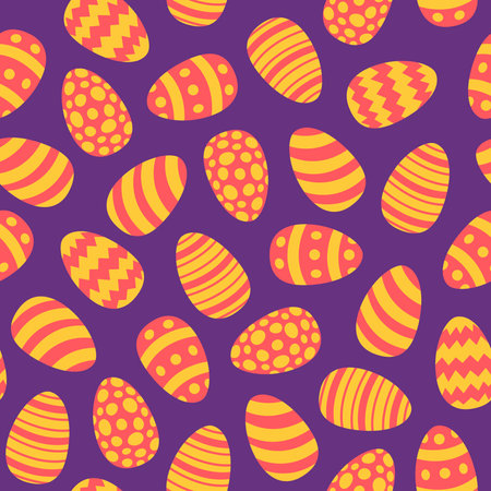 seamless pattern of red and yellow Easter eggs on a purple backgroundのイラスト素材