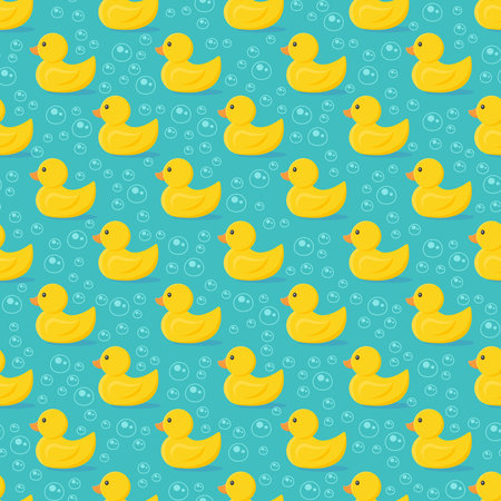seamless pattern of children, toy ducks and bubbles on a blue backgroundのイラスト素材