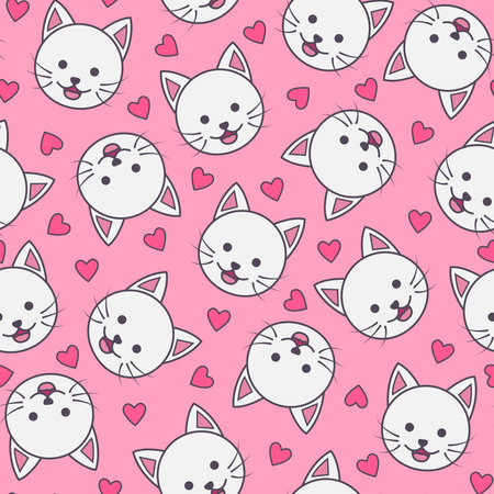 white cat seamless pattern with red heart emblem decoration and pink backgroundのイラスト素材