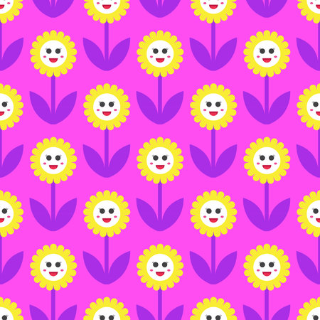 simple seamless pattern of repeating cartoon sunflowers on purple backgroundのイラスト素材