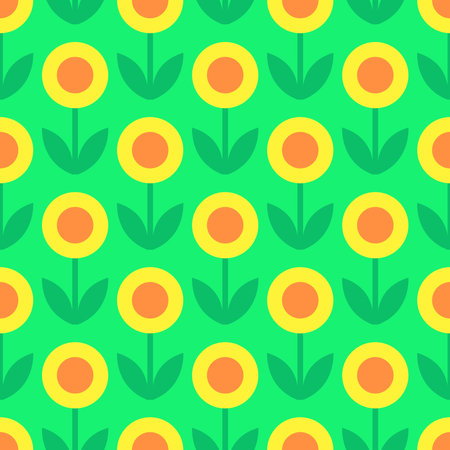 simple seamless pattern of repeating sunflowers on a green backgroundのイラスト素材