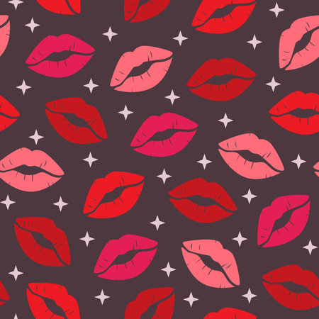 seamless pattern of collection of lip marks on dark background, lipstick kiss patternのイラスト素材