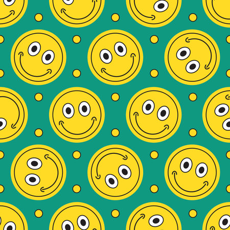 seamless pattern of yellow smiley emoticons on blue backgroundのイラスト素材