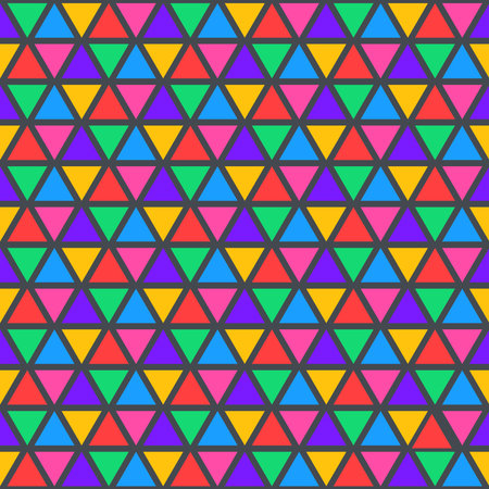 Seamless pattern of colorful triangular geometric shapes scattered on a dark backgroundのイラスト素材