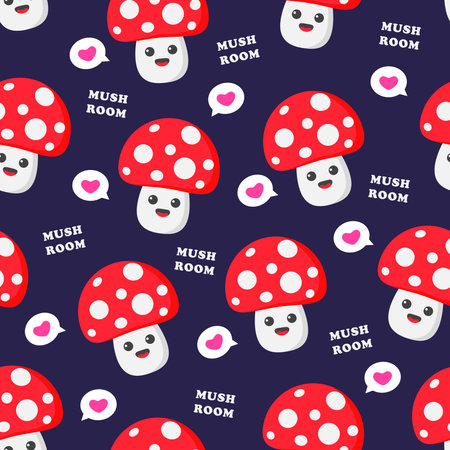 Seamless pattern of cartoon red mushrooms on dark blue backgroundのイラスト素材