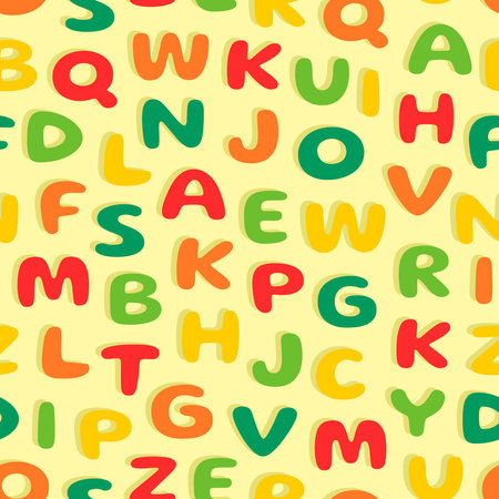 seamless pattern of colorful alphabet letters on a pastel yellow background, suitable for children's pattern design needs, for print, fashion, surfaces, wrapping paper, covers andのイラスト素材