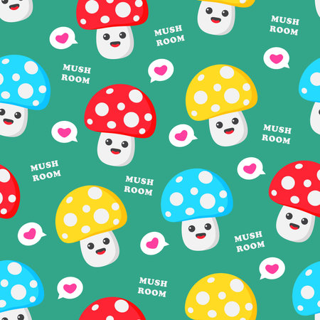 Seamless pattern of cute cartoon red, yellow and blue mushrooms, suitable for design needs for childrenのイラスト素材
