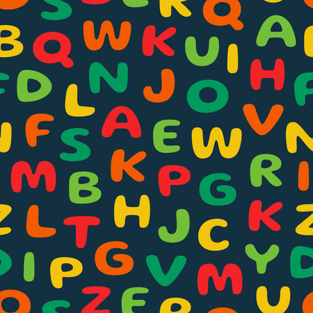 seamless pattern of colorful alphabet letters on a dark background, suitable for children's pattern design needs, for print, fashion, surfaces, wrapping paper, covers and othersのイラスト素材