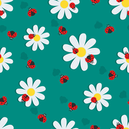 seamless pattern of collection of white flowers and flying ladybugsのイラスト素材
