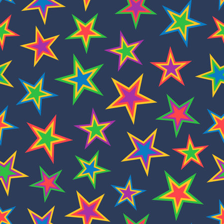 Seamless pattern of colorful stars on a dark background, suitable for design needs in fabrics, textiles, fashion, wrapping paper and othersのイラスト素材