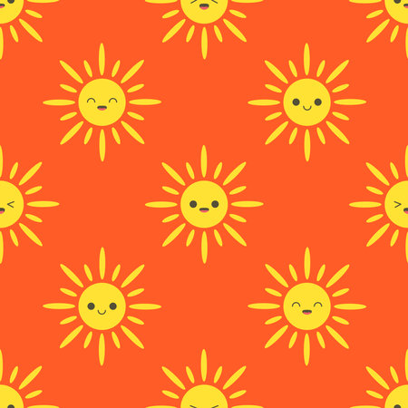 simple seamless pattern of sun characters in a minimalist style on an orange backgroundのイラスト素材