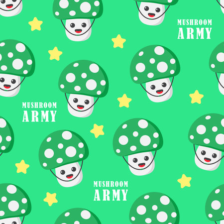Seamless pattern of cute cartoon mushroom soldiers suitable for children's design needsのイラスト素材