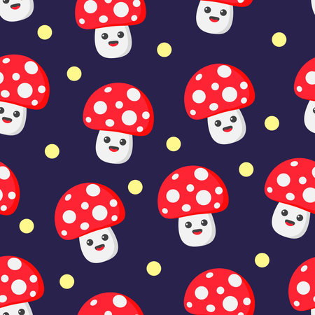 Seamless pattern of cartoon red mushrooms with dark blue background and yellow dotsのイラスト素材