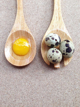 Quail eggs on wooden fork and egg yolk on wooden spoon on plywood backgroundの写真素材