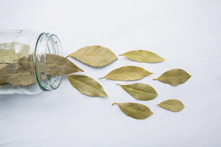 Dried bay leaves in glass jar on white wooden background.の写真素材