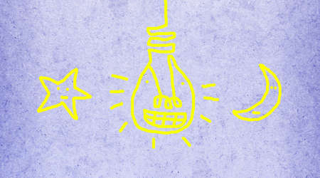 Easy brush paint on purple gray background. Cute and big smile light bulb idea. Going up to the sky.の写真素材