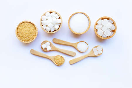 Various types of sugar on white background.の写真素材