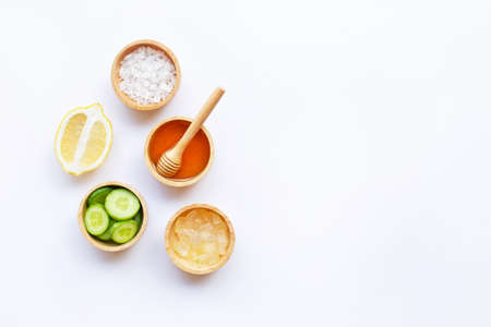 Aloe vera, lemon, cucumber, salt, honey. Natural ingredients for homemade skin care on white background. Copy spaceの写真素材