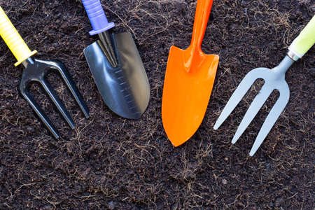 Garden shovel and fork on soil with coconut shell's hair for agriculture.の写真素材