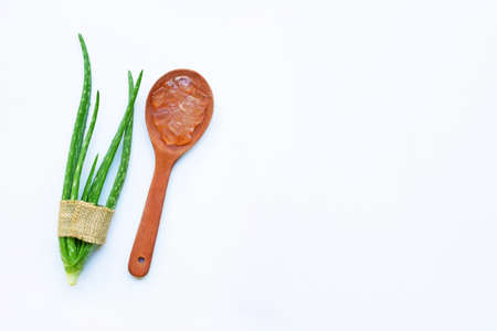 Aloe vera with aloe vera gel on wooden spoon. isolated on white. Copy spaceの写真素材