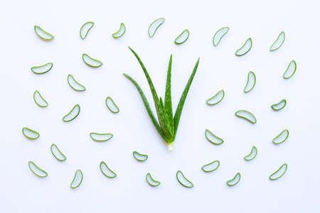 Aloe vera on white background. Benefits for skin care. Top viewの写真素材