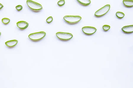 Aloe vera slices on white background. Copy spaceの写真素材
