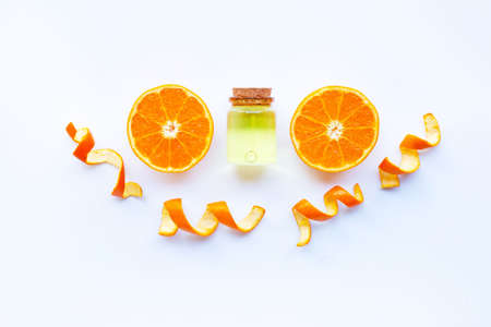 Essential oil of orange on white background.の写真素材