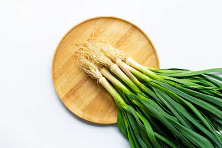 Young green garlic on white backgroundの写真素材