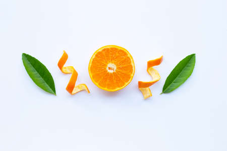 High vitamin C,  Fresh orange citrus fruit with green leaves on white background.の写真素材