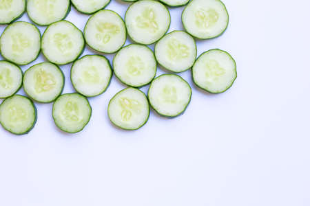 Cucumber slices on white background. Copy spaceの写真素材