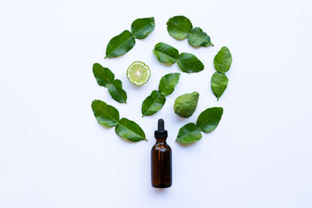 Bottle of essential oil and  fresh kaffir lime or bergamot fruit with leaves isolated on white background.の写真素材