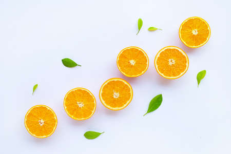 High vitamin C. Fresh orange citrus fruit with leaves isolated on white background.の写真素材