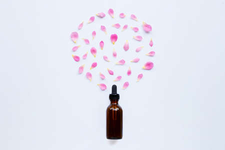 Bottle of rose essential oil for aromatherapy on white background.の写真素材