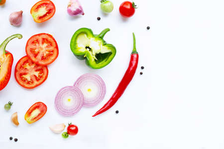 Various fresh vegetables and herbs on white background. Healthy eating concept. Copy spaceの写真素材