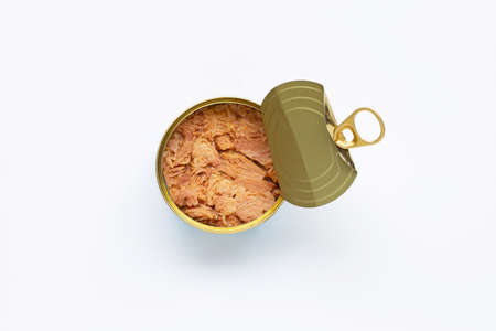 Canned tuna fish on white background.の写真素材