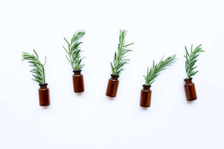 Bottle of essential oil with rosemary on white background.