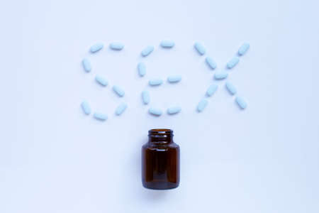"PrEP" ( Pre-Exposure Prophylaxis). used to prevent HIV. Sex word made of blue medicine pills.の写真素材