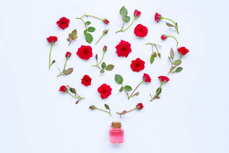 Bottle of rose essential oil for aromatherapy on white background.の写真素材