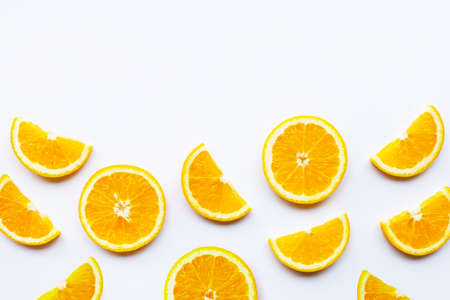 Fresh orange slices on white background. Copy spaceの写真素材