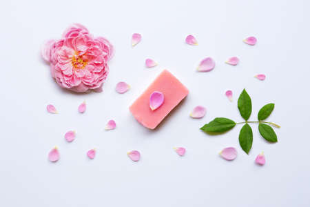 Rose handmade soap on white background.の写真素材