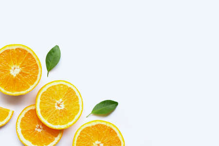 Fresh orange citrus fruits with leaves on white background. Copy space