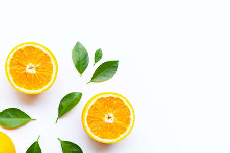 Fresh orange citrus fruits with leaves on white background.  Copy spaceの写真素材
