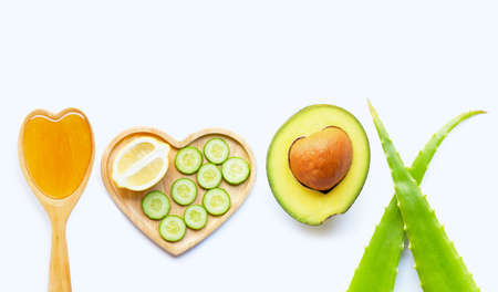 Natural ingredients for homemade skin care on white background.の写真素材
