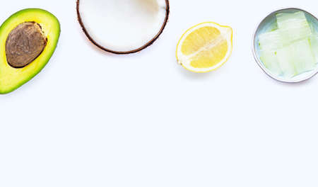 Natural ingredients for homemade skin care on white background.の写真素材