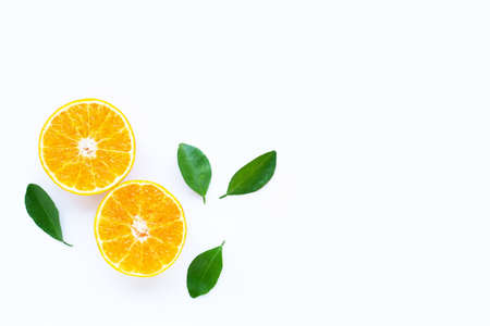 High vitamin C, Orange fruits with leaves on white background. Top viewの写真素材