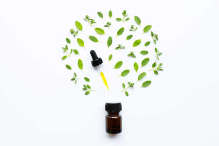 Top view. Bottle of essential oil with marjoram on white backgroundの写真素材