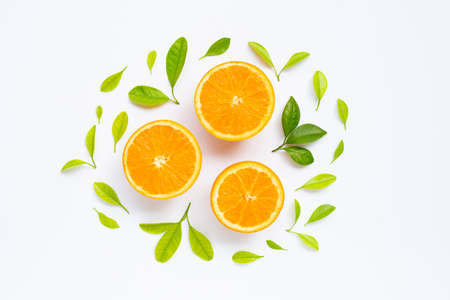 High vitamin C, Juicy and sweet. Fresh orange fruit with green leaves  on white background