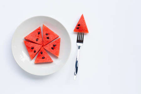 Summer fruit, Slices of watermelon on white plate isolated on white background, Copy space
