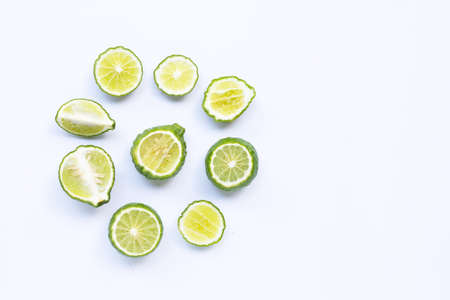 Bergamot kaffir lime herb fresh ingredient isolated on white. Copy spaceの写真素材